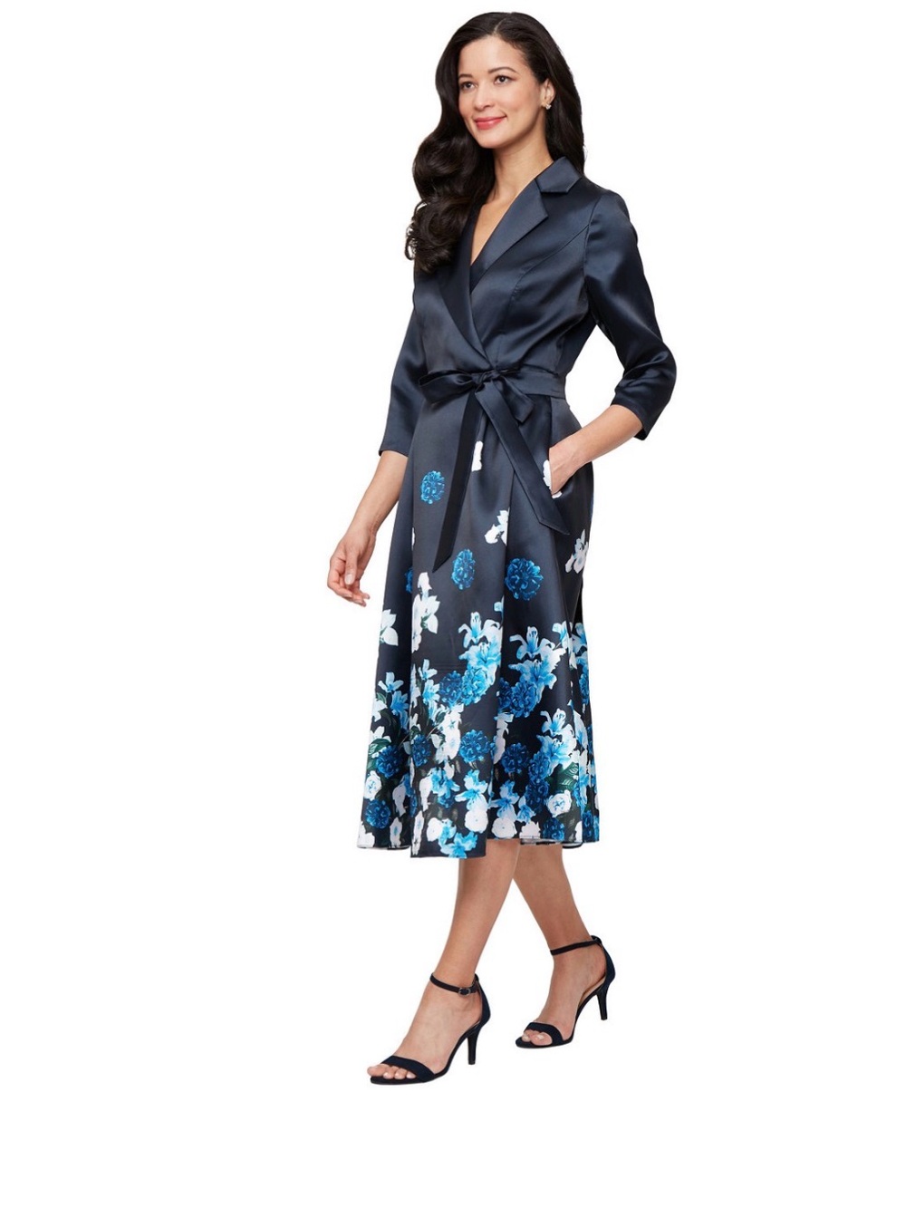 Alex Evenings Womens Stretch Faille 3/4 Sleeve A-Line Dress Navy Size 12 NWT